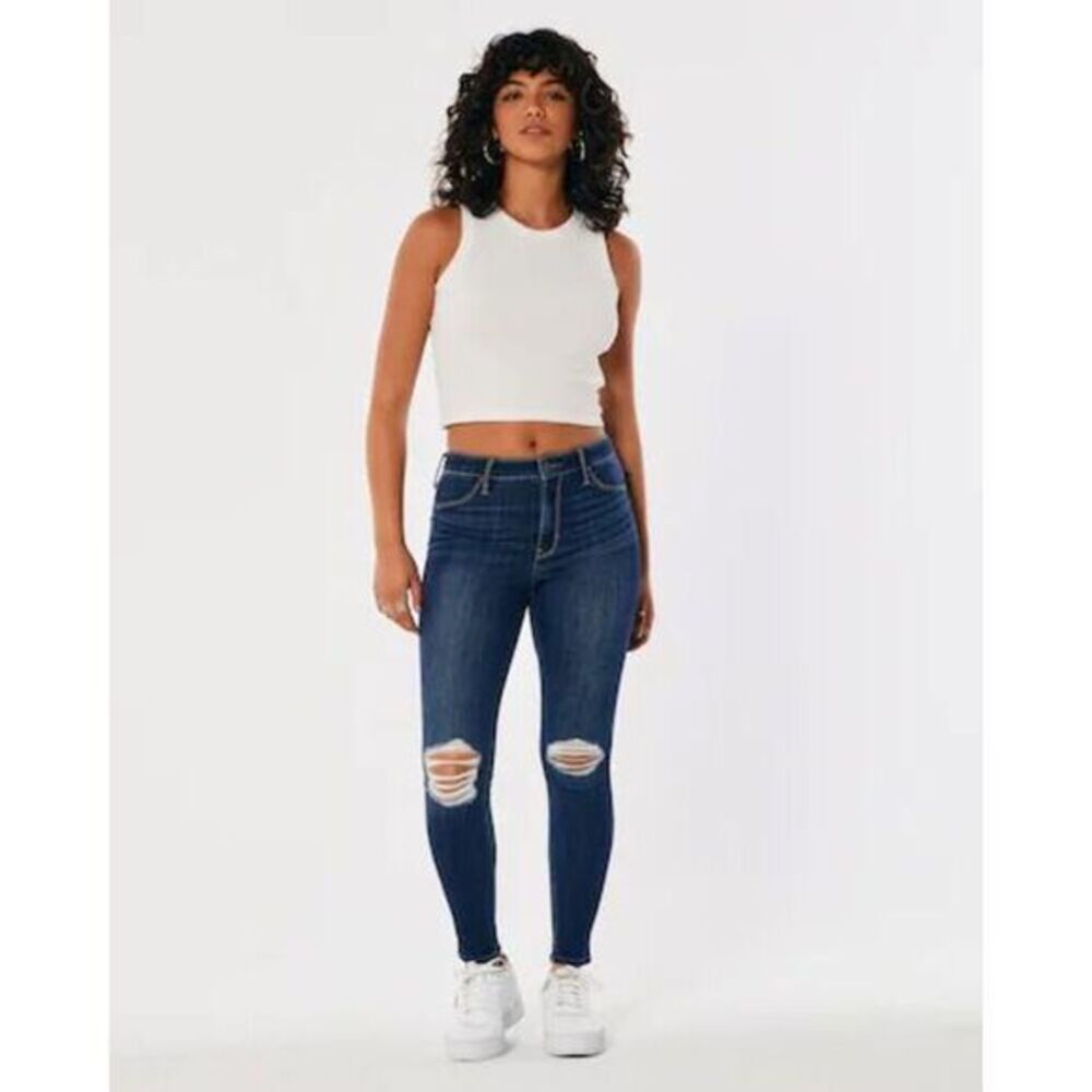 0258 Holister Ripped Mid Rise‎ Super Skinny Blue Jeans Size 1R / 25w 30L